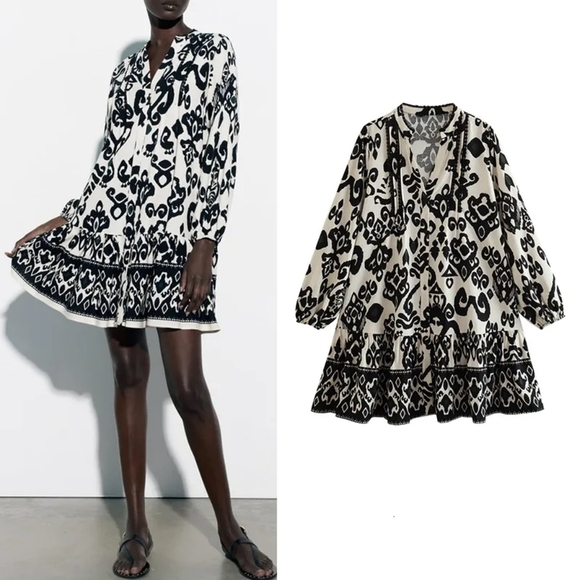 ZARA BLACK AND WHITE SHORT DRESS TUNIC PRINT DRESS BUTTONS LONG SLEEVES SIZE S - Picture 1 of 12
